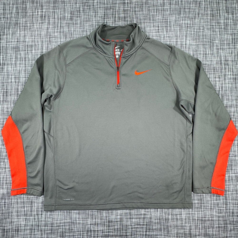 Nike Men's Therma-FIT Quarter Zip Fleece Pullover Gray Orange XL Training